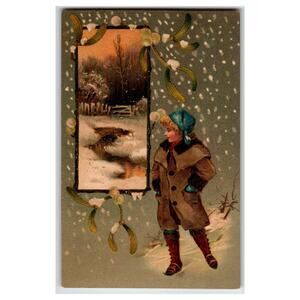 Vintage 1907 Christmas Postcard Child in Winter Coat with Snow Scene